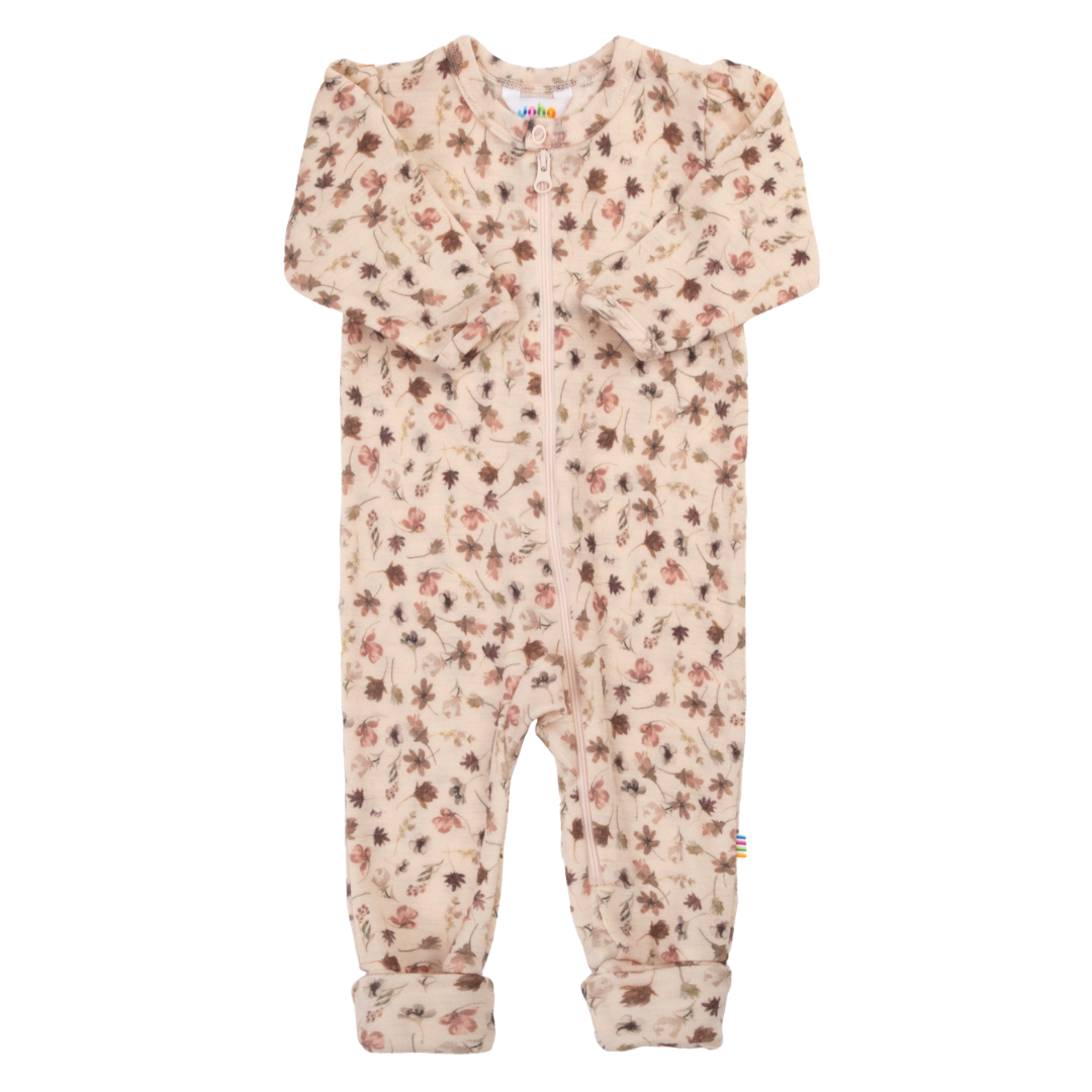 Joha wollen jumpsuit met pofmouwtjes & omslagvoetjes gebloemd - Light Pink