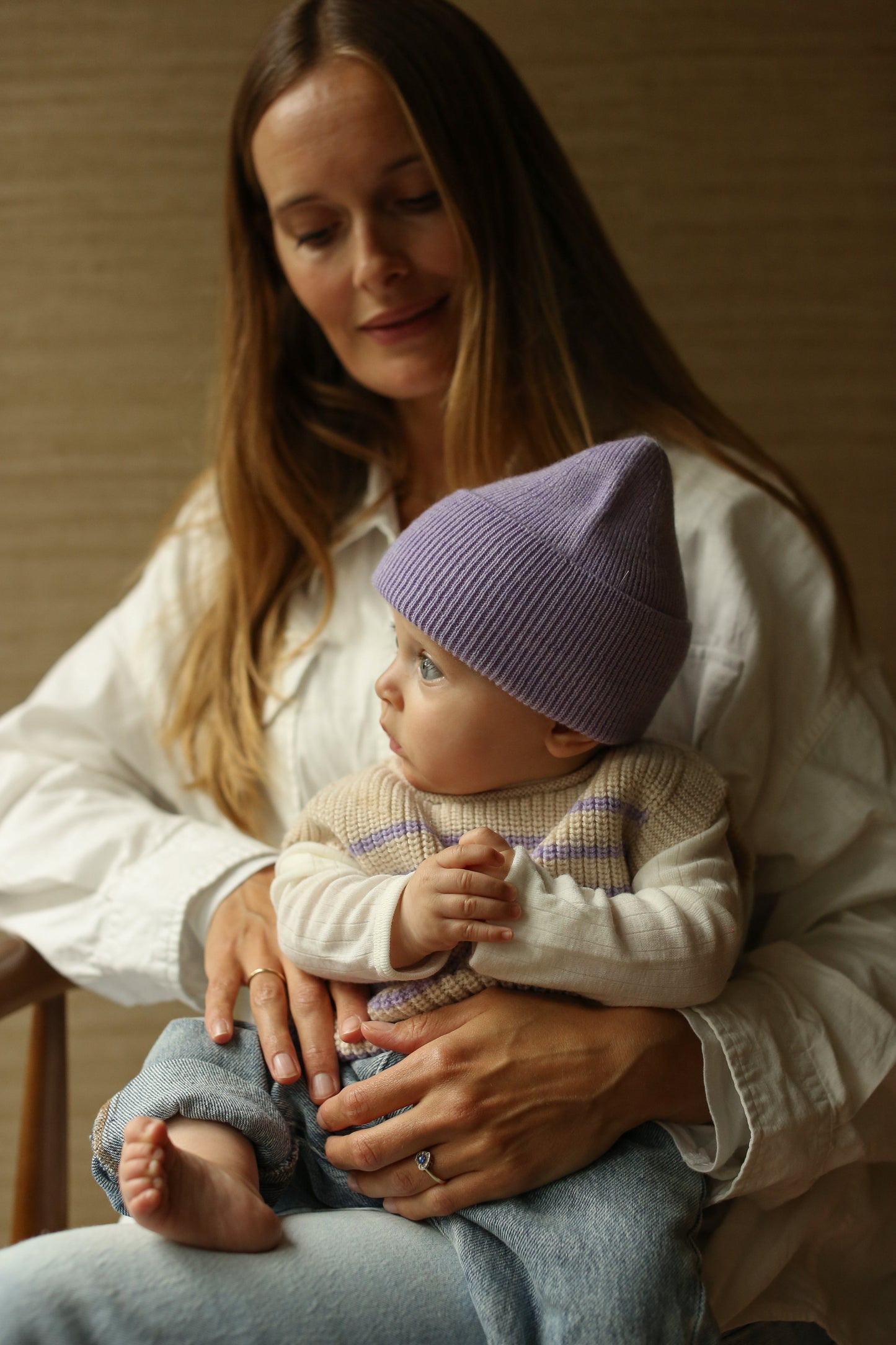 Hvid beanie Fonzie newborn - Lilac