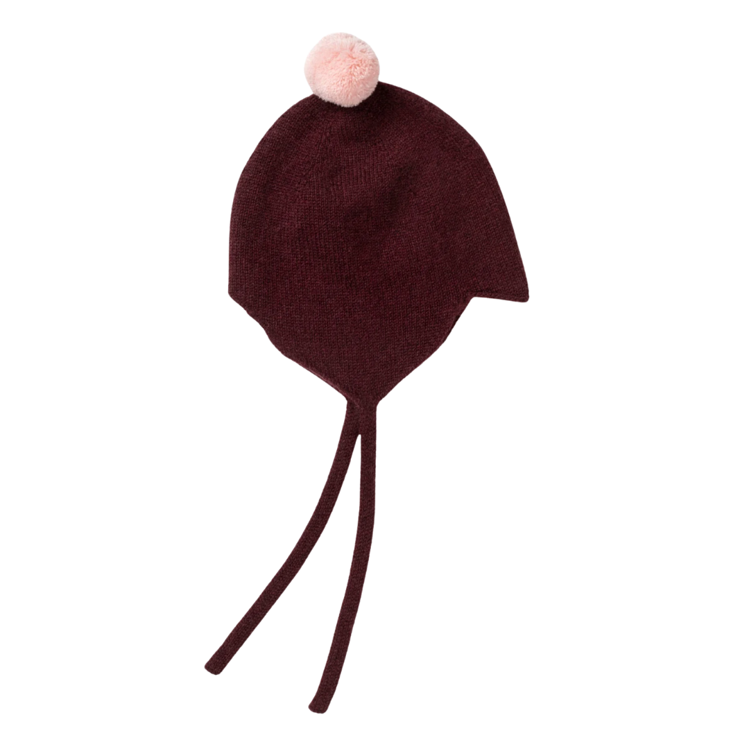 Rosie Sugden kasjmier strikmutsje met pom-pom - Kirsch / Marshmallow