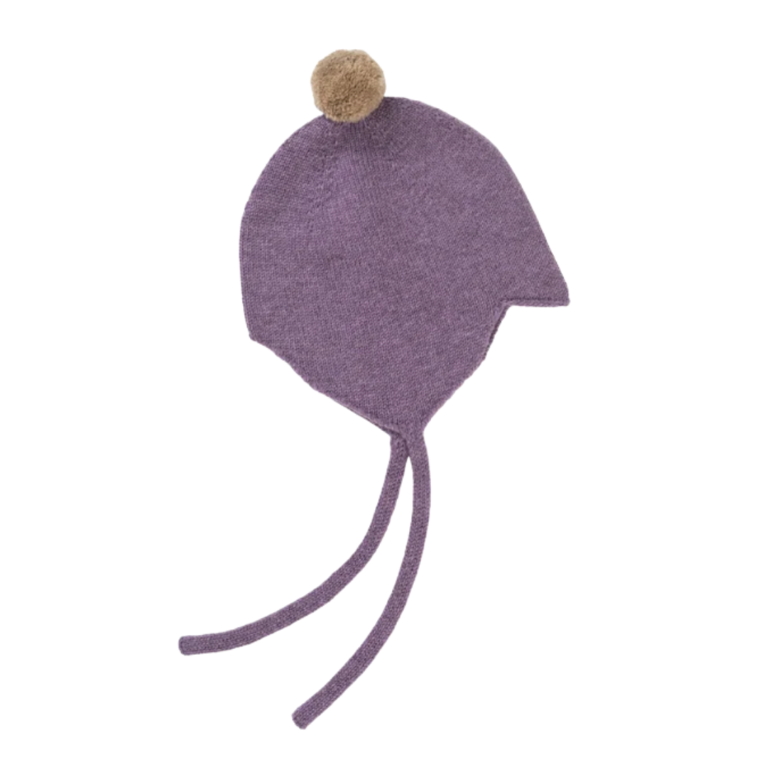 Rosie Sugden kasjmier strikmutsje met pom-pom - Purple Rain / Stoneage